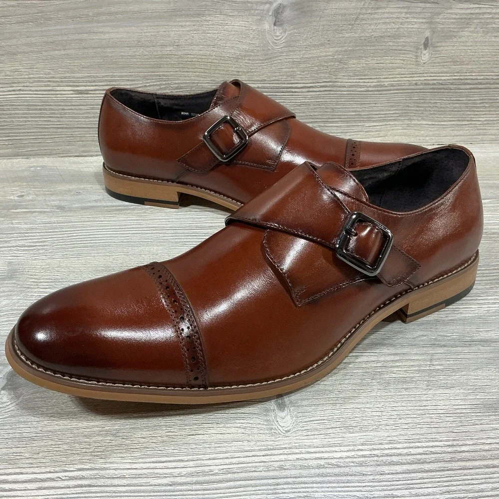 Stacy Adams Desmond Shoes Cap Toe Monk Strap Cognac Leather 25162-221 Men's 13 M